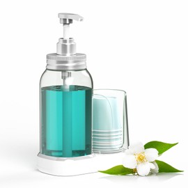 Luvan Mouthwash Dispenser for Bathroom, 25oz Mouthwash Pump Bottle with Cup Holder, Refillable Clear Blue Mouth Wash Container for All Age Groups, Large Capacity Bathroom Mouthwash Holder Set