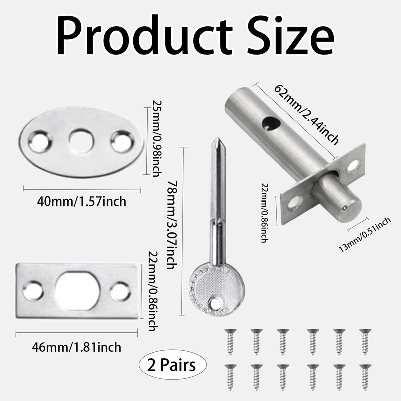 2 Pack Mortice Door Bolt with 2 Star Key, Internal