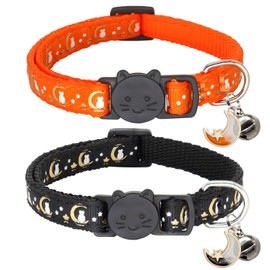 Giecooh 2 Pack Breakaway Cat Collar with Bells, Adjustable Moon and Star Kitten Safety Collars for Boys & Girls, Black+Orange