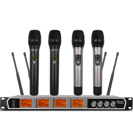 Guarda Audio Wireless Microphone System, 4-Channel UHF Wireless Mic, Fixed Frequency Metal Cordless Mic with 4 Handheld Dynamic Microphones, 260ft Range, Microphone for Singing,Church(US-8000)