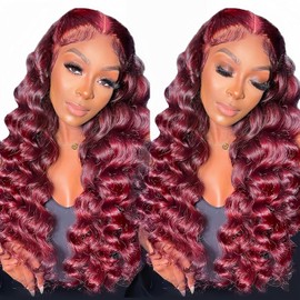 ELFSECRET 30 Inch Burgundy Loose Wave Lace Front Wig Human Hair Pre Plucked 180% Density 99j Burgundy Loose Deep Wave Wig 13x4 Hd Full Lace Frontal Wigs 99j Glueless Human Hair Wigs For Women