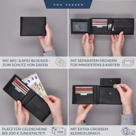 Von Heesen® Men's Wallet, TÜV (Technical Inspection Association) Certified Cryptalloy® RFID Protection, Leather Wallet Men (Genuine Nappa Leather), Gifts for Men Leather, Black (model 2021).