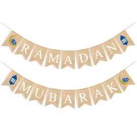 Uniwish Ramadan Mubarak Banner Burlap Bunting Garland Ramadan Decorations for Home Mantle Fireplace Decor Eid Mubarak Party Supplies Islamic Muslim Holiday Photo Props