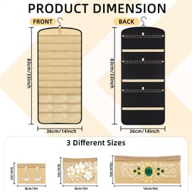 JUMRHFAN Large Hanging Jewelry Organizer Storage Roll with Hanger Metal 360°Hooks Double-Sided Jewelry Holder for Earrings, Necklaces, Rings on Closet, Wall, Door, Wardrobe(Black)