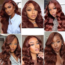 Hxxcoup Body Wave #33 Reddish Brown Human Hair Wig 13x6 Transparent Lace Front Wig 180% Density Pre Plucked Natural Hairline Real Baby Hair For Women 28 Inch