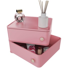 Makeup Organizer with Rotating Drawers: Stackable Makeup Bathroom Vanity Storage Box, Desk and Dresser Countertop Organizers and Storage Boxes for Cosmetics, Skincare, Jewelry, Bracelets, Pink