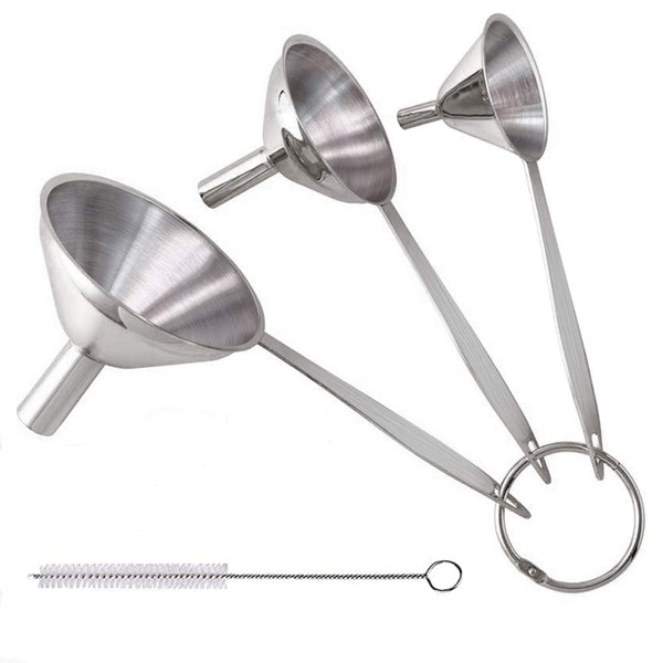 3 in 1 Metal Funnels for Filling Bottles Stainless Steel Small Kitchen Funnel Set for Transferring Essential Oils Liquid Fluid Spice Dry Ingredients Powder, Durable and Dishwash Safe