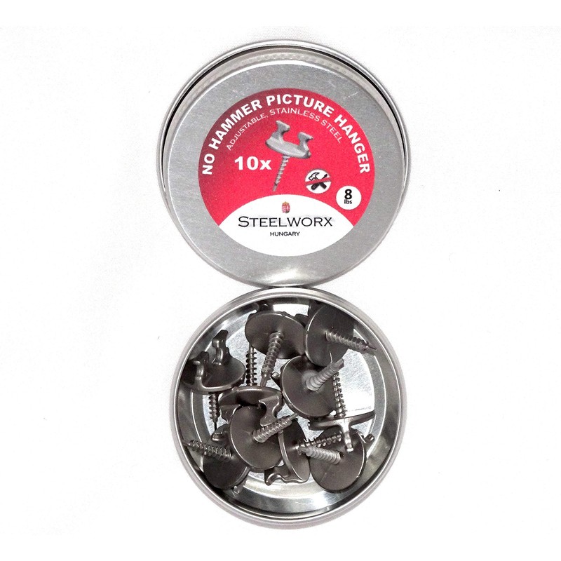 STEELWORX No Hammer Adjustable Stainless Steel Picture Hanger Hooks, box
