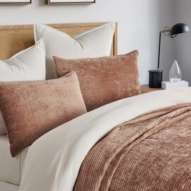 EVERGRACE Velvet Quilt Set Queen Size, Luxurious Soft Bedding Sets, Lightweight Velvet Comforter for All Season, Striped Channel Bedspread Coverlet with 2 Shams, Terracotta Clay