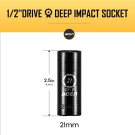 BOEN 1/2" Drive Deep Impact Sockets, Premium Impact Socket, 21mm Socket, Metric, 6 Point, Cr-V Steel with Laser Marking - Strong and Durable