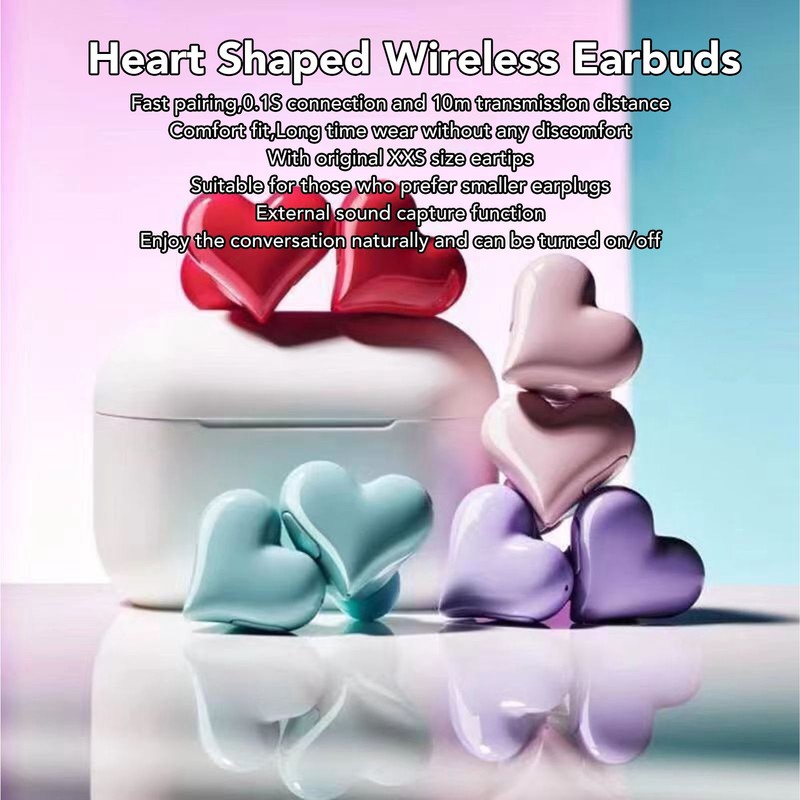 Heart Shaped Wireless Earbuds HIFI Stereo Sound Waterproof Bluetooth 5.3