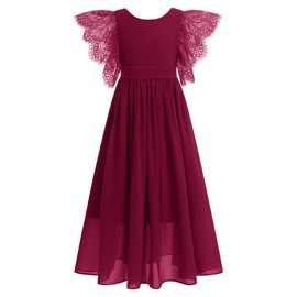 Princess Dress Long, Flower Girl's Dress Prom Party Junior Bridesmaid Ruffle Chiffon A-Line Lace Boho Flowy Birthday Pageant Fancy Communion Pleated Evening Tutu Gowns Burgundy - Lace 11-12 Years