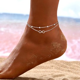 ESHIONER Anklet for Women Ankle Bracelets Silver Ankle Chains Double Layer Adjustable Anklet Initial Foot Beach Beaded Summer Bracelets Waterproof Multilayer Jewellery Anklets for Women and Girls