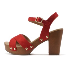 Soda MIGUEL ~ Women Crisscross Band Fashion Chunky Platform Block Mid Heel Sandal with Ankle Strap and Stud (RED SUEDE, 8)
