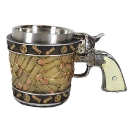 Ebros Gift - Pistola de revólver rústica con conchas redondas de bala pequeña taza de café de 6 onzas, diseño de concha de balas de Wild West Hunters