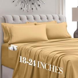 Mocassi Luxury 6-Piece Sheet Set, Ultra Soft 1800 Premium Hotel Quality Microfiber Sheet Set, Fits Mattresses Up to 18 to 24 Inches Extra Deep Pocket - Breathable and Secure Fit, Queen, Gold