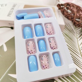 Medium Press on Nails Square False Nails with Flower Designs Acrylic Nails Pink & Sky Blue Full Cover Artificial Square Stick on Nails Summer Cute Fake Nails for Girls and Women 24pcs