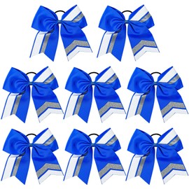 8PCS Cheer Bows Bulk Glitter Cheerleading Bows Girls Hair Bows Blue Silver Cheer Bows Elastic Band Ponytail Holder for Cheerleaders Teen Girls College Sports Competition