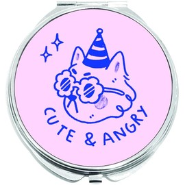 NewCharms Cat Cute and Angry Compact with Mirrors - Perfect Pocket and Purse Size Folding Mirror for Applying Make Up Anywhere