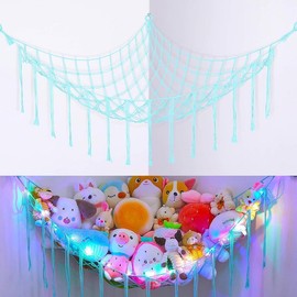 Stuffed Animals Net or Hammock with LED Light, Hanging Stuffed Animals Storage  Hammock Net Corner Wall Girls Room Decor  Storage Organizer (White) - Color: Light Aqua Green