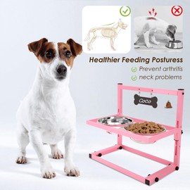 SHAINFUN Elevated Dog Bowls for Small and Medium Dogs, Raised Dog Bowl Stand with 2 Stainless Steel Dog Food & Water Bowls, Adjustable Height Dog Feeder for Puppy & Cats, Cute Pink.