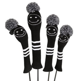 Set of 4 Knit Golf Headcovers Smile Cover Golf (Black)