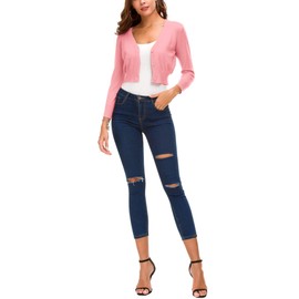 EXCHIC Women's Trendy Bolero Shrug Cropped Cardigan 3/4 Sleeve Open Front Short Cardigans (M, Pink)
