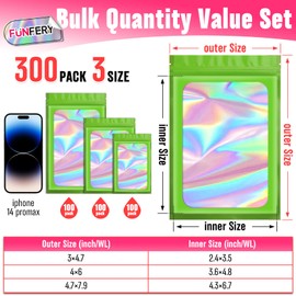 Funfery 300 Pack 3 Size Mylar Holographic Bags with Clear Window,Resealable Bags Smell Proof Bags Zipper Foil Bags Packaging Pouch for Food Storage,Sample,Small Business(Green,3x4.7,4x6,4.7x7.9in)