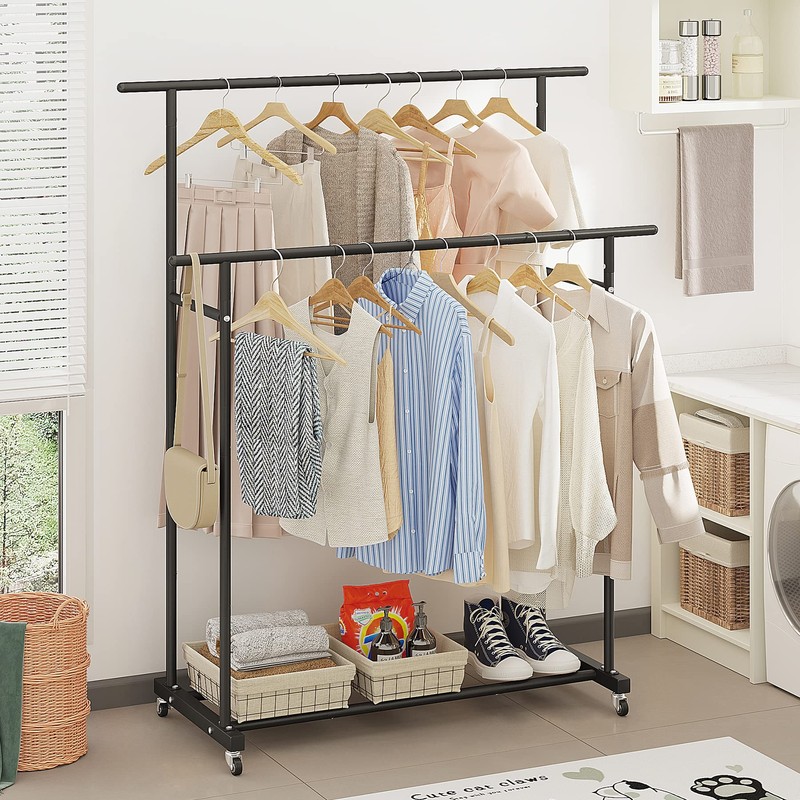 Calmootey Double Rod Clothing Garment Rack,Rolling Hanging Clothes Rack,Portable Clothes