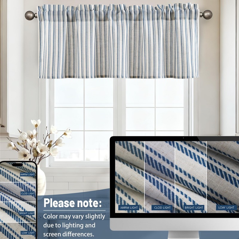 JIUZHEN 52x18 Inch Kitchen Valance - Thick Textured Linen Striped
