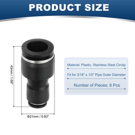 PATIKIL 6pcs Straight Push Fit Fittings, 3/16" x 1/2" OD Pipe Reducer Connector Quick Release Adapter Air Hose Connector for Pneumatics, Black