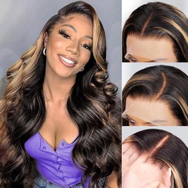 13x6 Ombre Body Wave Lace Front Wigs Human Hair 1B/27 Highlight Lace Frontal Wigs Human Hair Pre Plucked 200% Density HD Transparent Glueless Wigs 26 Inch