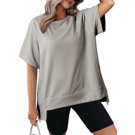 Dokotoo Spring Tops for Women 2025 Oversized T Shirts Casual Short Sleeve Hoodies Sweatshirts Top Cotton Loose Fit High Low Lightweight Thin Workout Basic Round Neck T-Shirts Blouse Grey Small