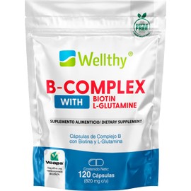 Wellthy Complejo B Cápsulas 120 porciones. Reforzado con Biotina y Glutamina. VCaps Cápsulas veganas, Bottle Free.