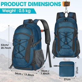 RAINSMORE Hiking Backpack 40L Foldable Lightweight Rucksack for Men Women Water Resistant Durable Daypack Travel Backpack for Camping Cycling Climbing Mountaineer Outdoor Sports