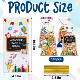 ABTOLS 100PCS Back to School Cellophane Treat Bags, First Day of School Cellophane Goodies Bag Colorful Bus Pencil Blackboard Clear Treat Bags with Twist Ties for School Class Party Favor Supplies