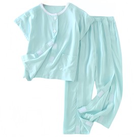 WEEOATAR Hospital Gown Disability Aids for Kid Post Surgery Clothing, Full Open, Easy to Wear with Magic Stickers, Incontinence Clothing for Boys and Girls (Green, 150cm/59.0in)