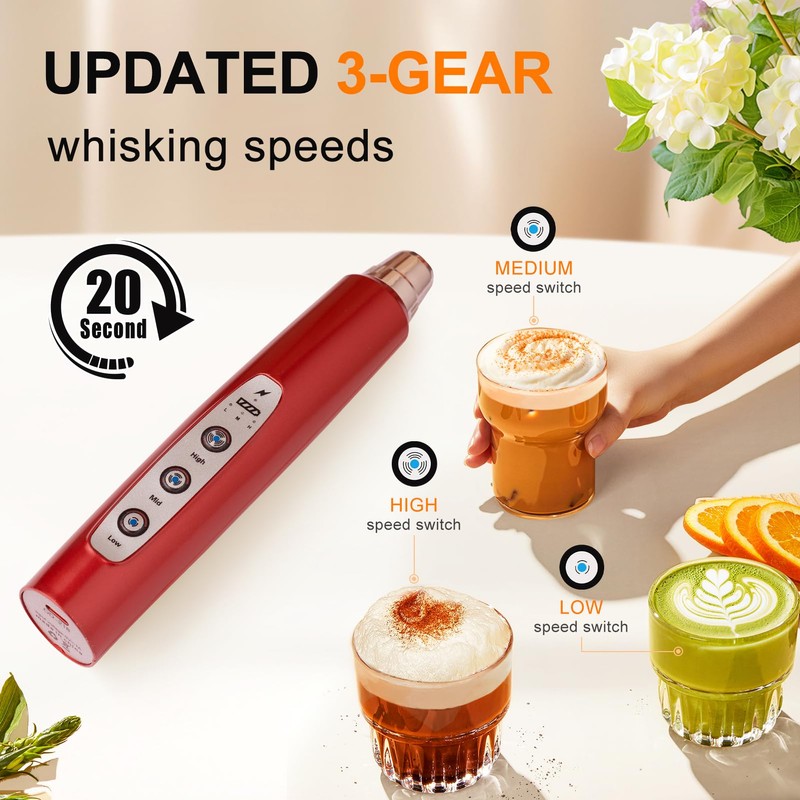 YUSWKO Red Milk Frother Handheld with 3 Heads, Coffee Whisk
