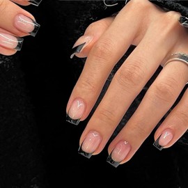 30 Pcs Black French Tip Press on Nails Short Square Nails Press ons, Short Fake Nails Coffin False Nails French Glue on Nails Short Acrylic Nails for Women Daily Wear 15 Sizes