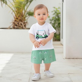 Baby Boy Golf Outfit Short Sleeve Golf Cart T Shirts Top and Striped Shorts Set Todder Boys Summer Clothes (Ivory, 2-3T)