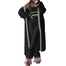 Fixmatti Women 3 Piece Comfy Lounge Set Outfits Fuzzy Fleece Stripe Cozy Sweat Suit Color Block Black M