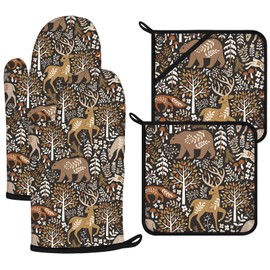 Bear Deer Oven Mitts and Pot Holders Sets 4Pcs,Extra Long Oven Gloves Potholder for Kitchen Cooking Baking BBQ 100% Cotton Heat Resistant