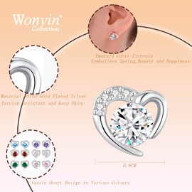 Heart Earrings for Women Girls 925 Silver Studs with Cubic Zirconia (Clear)