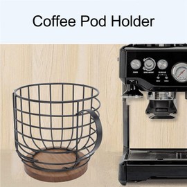 Buachois Coffee Pad Baskets, Coffee Pod Holder, Iron Large Capacity, Wooden Base, Coffee Pods, Storage Organiser, Wire Cup Container with Lid for Coffee Bar at Home (Black)