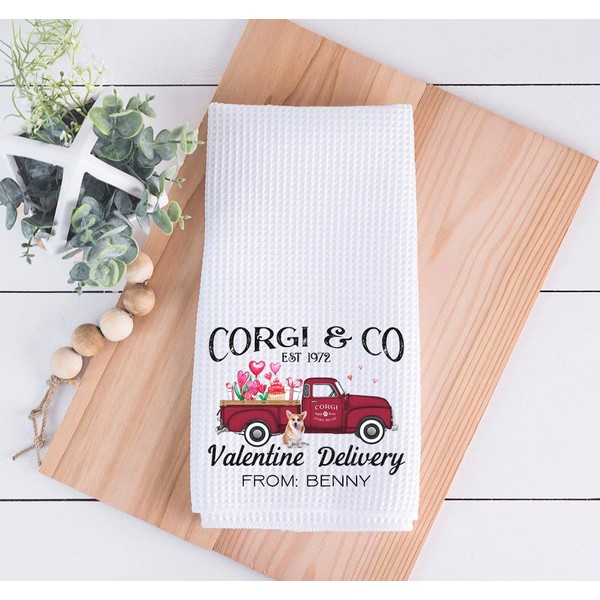 Studio 9Thirty3 Personalized Corgi Valentine Truck Kitchen Towel, Valentine Waffle