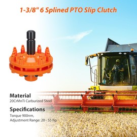 KYBOLT PTO Slip Clutch Spline for PTO Shaft, 1 3/8" PTO Slip Clutch, 6 Spline Ends PTO Friction Clutch, Carburized Steel Tractor Slip Clutch, Adjustable Rotary Cutter Slip Clutch