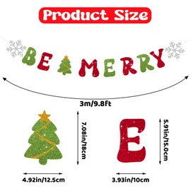 SerpizePaty Be Merry Christmas Banners for Inside, Pre-Strung Xmas Party Banner, Glitter Fireplace Red and Green Christmas Decorations with Snowflake Tree for Winter New Year Mantle Hanging Sign