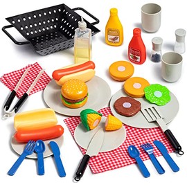 27 piezas de juego de parrilla de barbacoa para niños, juguete de parrilla de barbacoa de patio trasero, juego de juguetes de parrilla para niños pequeños, juego de alimentos de simulación para cocina