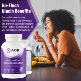 AOR Niacin No-Flush Vitamin B3 550mg with Inositol 121mg, 180 Capsules - Inositol Hexaniacinate Formula - Ideal for Supports Nerve Function & Cardiovascular Wellness - Vitamin B3 & Inositol Supplement