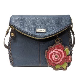CHALA Charming Crossbody Bag - Flap Top and Metal Key Charm in Navy Blue, Cross-Body or Shoulder (Coin Purse_ Red Rose)